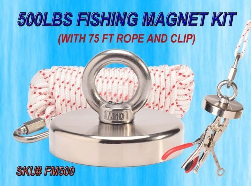 500 LBS Pull Force Fishing Magnet Kit With Rope & Hooks - Neodymium For Treasure Hunting & Recovery