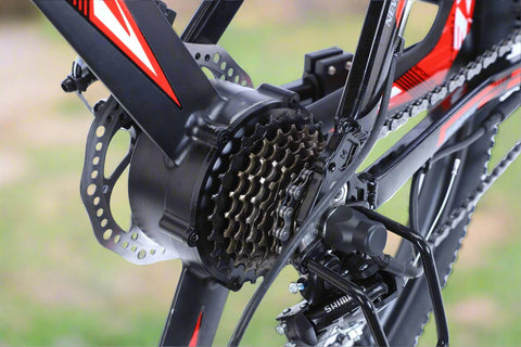 500W electric mountain bike with 26 inch wheels and disc brakes
Rear hub motor and 48V battery mounted on aluminum frame
Side view of electric mountain bike with front suspension
Handlebar and display panel of 21-speed electric bike
29 inch aluminum electric bike with 48V lithium battery