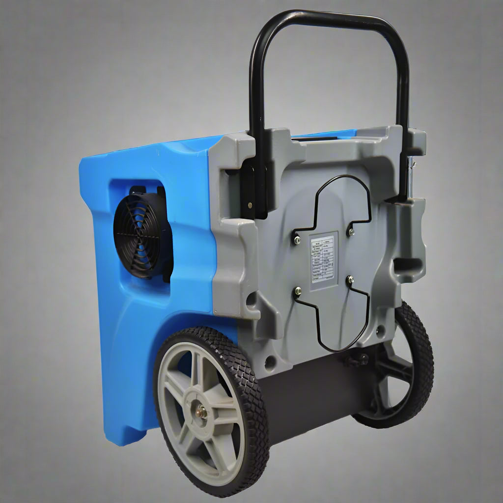 LookDry 50L LGR dehumidifier on wheels
Commercial restoration dehumidifier in blue
Digital control panel of dehumidifier
Rear view showing drainage hose port
LookDry portable dehumidifier for flood repair