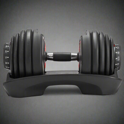 52.5 lb adjustable dumbbell with metal handle and rubber-coated plates
Side view of single adjustable dumbbell for compact home gym use
Unboxed adjustable dumbbell set with weight plate configuration
Compact strength training dumbbell with ergonomic grip