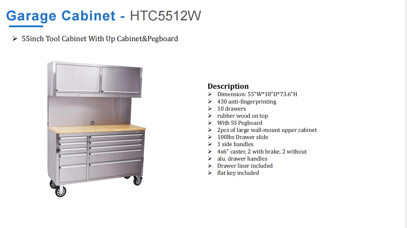 55 inch stainless steel garage cabinet with drawers and pegboard – HTCS52W
Tool chest with wood top and upper storage cabinets for workshop use