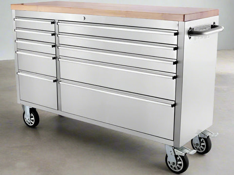 56” Stainless Steel Tool Bench Front View with Wood Top and Drawers