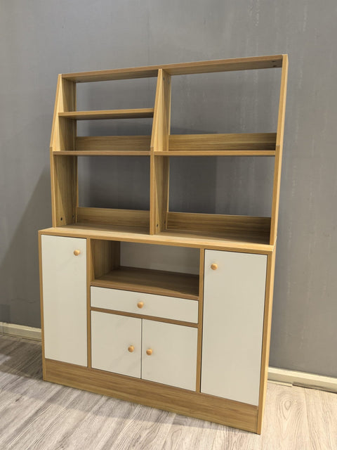 Front view of 56-inch brown wood kitchen pantry cabinet with microwave shelf
Multi-shelf hutch kitchen cabinet with closed storage
Wooden microwave stand with upper and lower cabinets
Kitchen sideboard and microwave hutch in modern dining area
Brown pantry storage cabinet for appliances and utensils