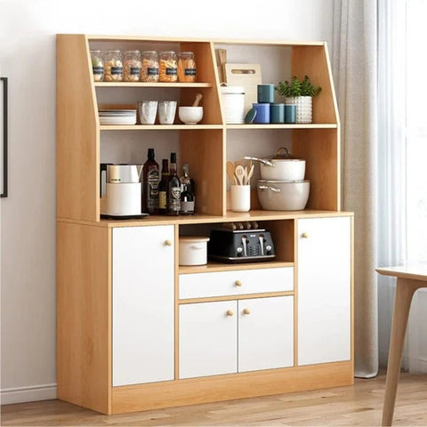 Front view of 56-inch brown wood kitchen pantry cabinet with microwave shelf
Multi-shelf hutch kitchen cabinet with closed storage
Wooden microwave stand with upper and lower cabinets
Kitchen sideboard and microwave hutch in modern dining area
Brown pantry storage cabinet for appliances and utensils