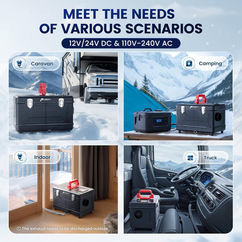 Portable 5L diesel heater in compact toolbox-style case
Heater unit showing dual AC and DC input ports
Close-up of advanced fuel output control display
Portable heater shown in car trunk for mobile use
5L heater for garages, camping, and home emergencies