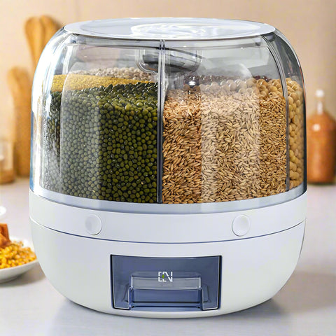 6-compartment rotating cereal and rice dispenser with clear bins, press button dispensing, and swivel base for dry food storage