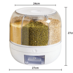6-compartment rotating cereal and rice dispenser with clear bins, press button dispensing, and swivel base for dry food storage