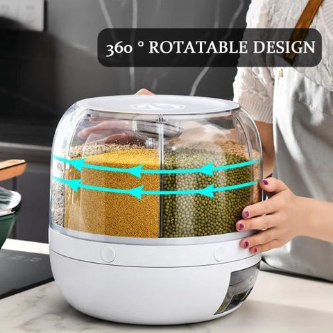 6-compartment rotating cereal and rice dispenser with clear bins, press button dispensing, and swivel base for dry food storage