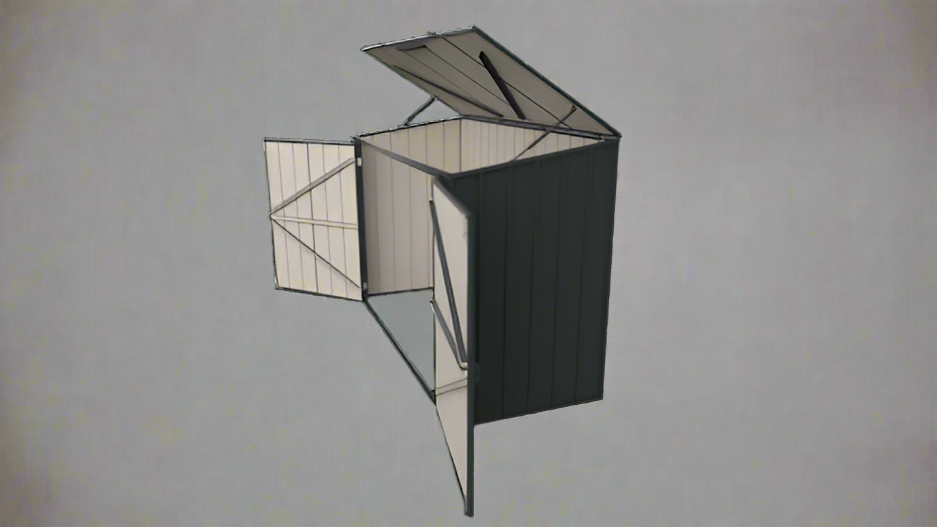 “Compact 6 ft black lean-to garden shed for small backyards”
“Side view of black metal storage shed with hinged door”
“Inside view of lean-to shed showing steel panel structure”
“Close-up of door latch and frame design”