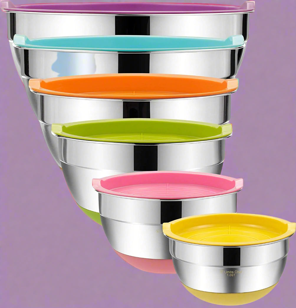 "6-Piece Stainless Steel Mixing Bowl Set with Colorful Lids"
"Non-Slip Silicone Base Stainless Mixing Bowls for Baking and Prep"
"Nesting Stainless Steel Bowls with BPA-Free Lids for Food Storage"
"Durable and Lightweight Mixing Bowls Set for Kitchen Use"
"Color Coded Lids Stainless Steel Prep Bowls Set"