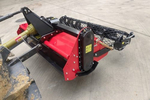 60” rotary stone burier tiller – 3-point hitch red attachment for tractors
Heavy-duty rock burying tiller with horizontal PTO offset system
Close-up of L-shaped blades and mesh roller on 60-inch tiller
PTO-driven stone burier tiller for compact tractors – SB165115