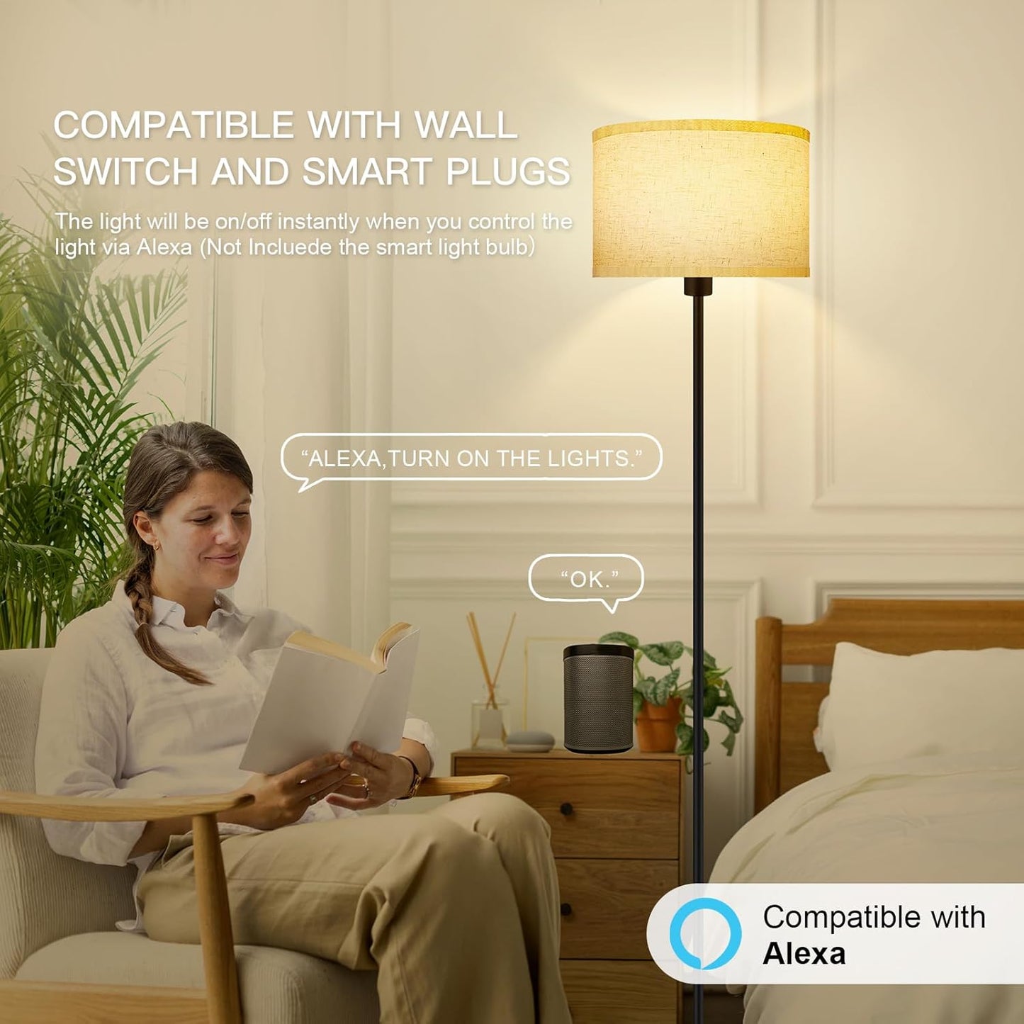 60 inch LED floor lamp with beige fabric shade
modern standing lamp for living room lighting
warm white 2700K LED reading lamp
tall bedroom lamp with metal stand and shade
decorative LED lamp for corners and nooks