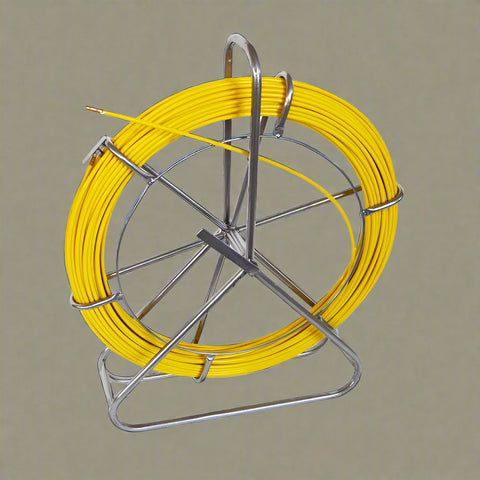 "600-foot fiberglass duct rodder on steel frame"
"heavy-duty cable pulling fish tape for electricians"
"yellow fiberglass wire rodder with wheels"
"8mm and 4mm fiberglass rodder models"
"telecom and electrical conduit pulling tool"