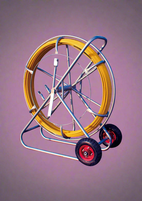 "600-foot fiberglass duct rodder on steel frame"
"heavy-duty cable pulling fish tape for electricians"
"yellow fiberglass wire rodder with wheels"
"8mm and 4mm fiberglass rodder models"
"telecom and electrical conduit pulling tool"