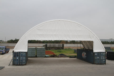 60x80 FT heavy-duty double truss container shelter with 30 oz PVC fabric cover β industrial storage structure