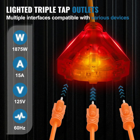 65FT Retractable Extension Cord Reel – 12 AWG Heavy Duty Cable with Triple Outlet and LED Light for Garage or Workshop
