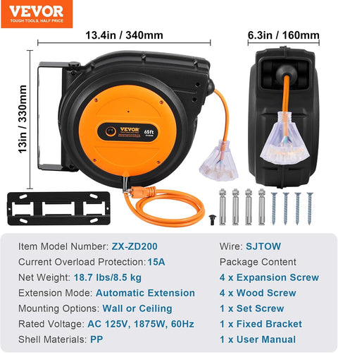 65FT Retractable Extension Cord Reel – 12 AWG Heavy Duty Cable with Triple Outlet and LED Light for Garage or Workshop
