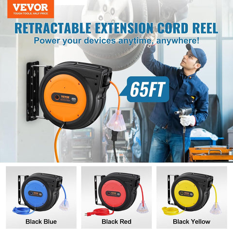 65FT Retractable Extension Cord Reel – 12 AWG Heavy Duty Cable with Triple Outlet and LED Light for Garage or Workshop