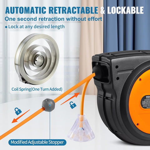 65FT Retractable Extension Cord Reel – 12 AWG Heavy Duty Cable with Triple Outlet and LED Light for Garage or Workshop