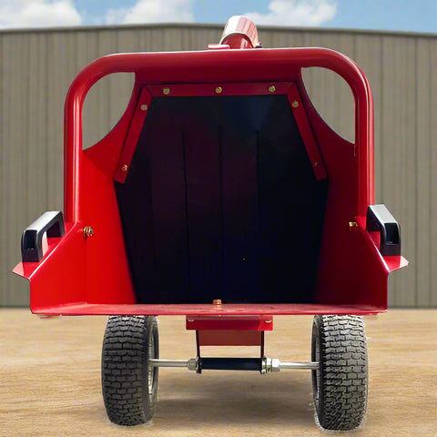 6.5 HP Wood Chipper with Briggs & Stratton engine – side view
Red GS100 wood chipper – front chute and wheels
Compact gasoline-powered wood chipper in garage setup
Rear view of GS100 chipper with large discharge chute