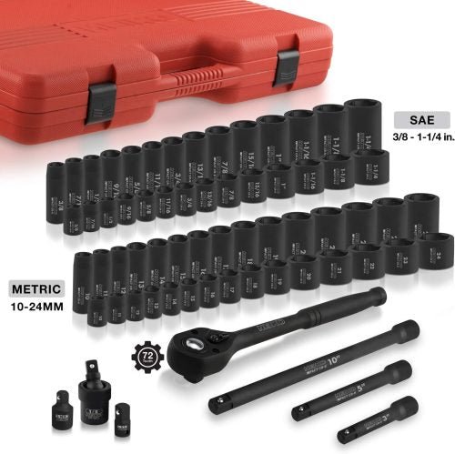 65-Piece SAE Impact Socket Set in Red Case – Top View
Complete Chrome Vanadium Socket Set with Accessories
Mechanic Using 1/2” Drive Impact Socket on Car Engine
Heavy-Duty Impact Socket Set with Deep and Shallow Sockets
Organized Socket Set in Blow Molded Case