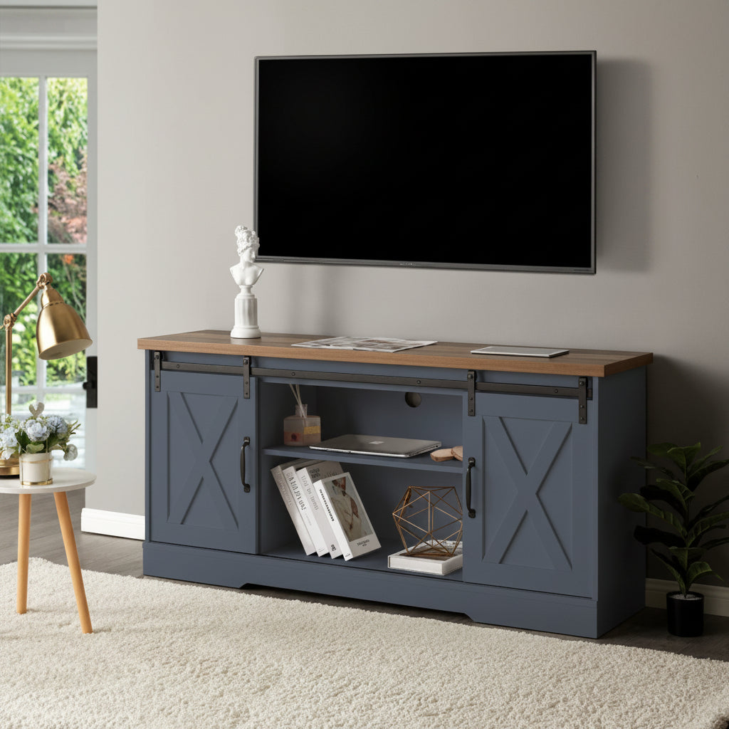 “65 inch rustic barn door TV stand in white”
“Farmhouse style media cabinet with sliding doors”
“Living room setup with gray barn door console”
“TV console with adjustable shelves and cable management”
“Modern rustic media storage cabinet for 70 inch TVs”