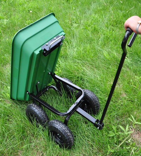 650 lb garden dump wagon with tilt bed and 10 inch tires
Plastic poly bed utility cart for lawn and yard use
Green heavy-duty garden wagon with steel frame
Garden cart with pneumatic tires and dump feature