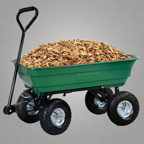 650 lb garden dump wagon with tilt bed and 10 inch tires
Plastic poly bed utility cart for lawn and yard use
Green heavy-duty garden wagon with steel frame
Garden cart with pneumatic tires and dump feature