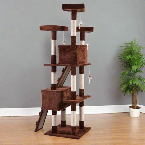 67-inch tall multi-level cat tree in brown color
Cat lounging on viewing platform of condo
Sisal-wrapped posts and hanging toy ball
Full cat tower structure with three platforms and two hideouts
Soft plush fabric-covered hideaway area for cats