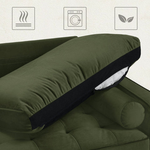 69.7-inch modern velvet sofa in navy blue with tufted back
Gray velvet upholstered sofa with pillows
Side view of modern green couch with wooden legs
Mid-century couch with tufted back and square arms