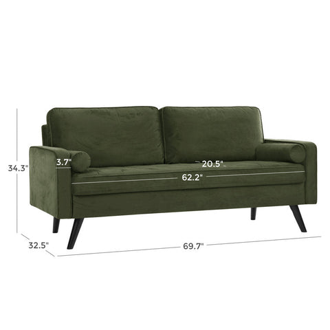69.7-inch modern velvet sofa in navy blue with tufted back
Gray velvet upholstered sofa with pillows
Side view of modern green couch with wooden legs
Mid-century couch with tufted back and square arms