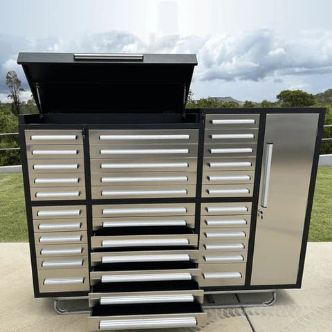 7FT Stainless Steel Workbench with 35 Drawers β Front and Side View
