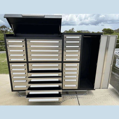 7FT Stainless Steel Workbench with 35 Drawers β Front and Side View