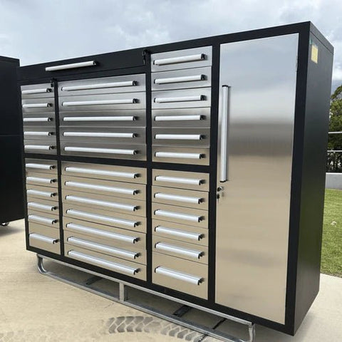 7FT Stainless Steel Workbench with 35 Drawers β Front and Side View