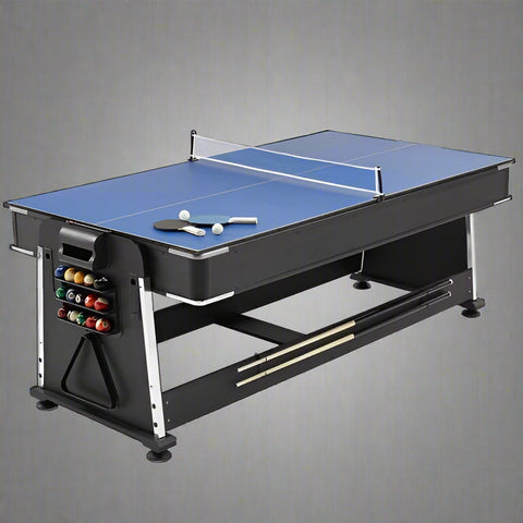 7ft 4-in-1 game table with pool, air hockey, table tennis, and dining top
Convertible multi-game table with storage for accessories
Full-size game table with air hockey surface and blower motor
Modern black and wood game table for family entertainment