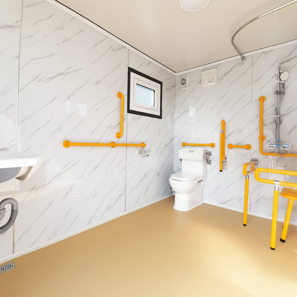 7-foot ADA-compliant portable restroom with ramp in outdoor setting
Inside view of wheelchair-accessible bathroom interior
Front door of handicap bathroom unit with ramp
Washbasin and toilet setup in ADA portable unit
Side view of accessible bathroom setup