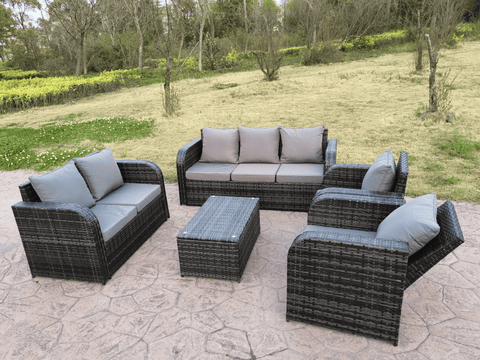 "7-Seat Outdoor Recliner Sofa Set with Coffee Table"
"Weatherproof Rattan Patio Sofa and Recliners Gray"
"Backyard Outdoor Lounge Set 7-Piece Furniture"
"Gray Rattan Outdoor Recliner Set with Cushions"
"Luxury Outdoor Recliner Sofa Set for Garden Patio"