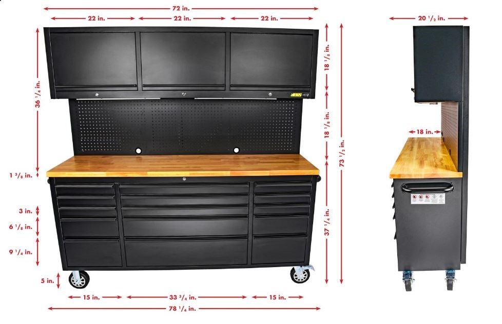 “72 inch black rolling tool cabinet with wood workbench top”
“Heavy-duty tool chest with 18 drawers for garage use”
“Workshop steel storage cabinet with lockable drawers”
“Industrial mobile tool box with solid wood top and wheels”