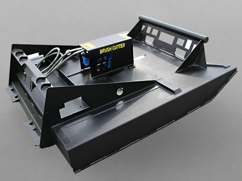 72 inch skid steer brush mower angled view
Underside of heavy-duty cutting blades
66 inch mower installed on skid steer
Skid steer clearing brush and saplings
Blade set and replacement part display