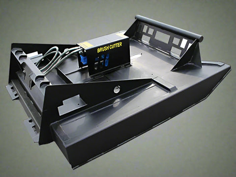 72 inch skid steer brush mower angled view
Underside of heavy-duty cutting blades
66 inch mower installed on skid steer
Skid steer clearing brush and saplings
Blade set and replacement part display