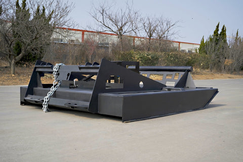 72 inch skid steer brush mower angled view
Underside of heavy-duty cutting blades
66 inch mower installed on skid steer
Skid steer clearing brush and saplings
Blade set and replacement part display