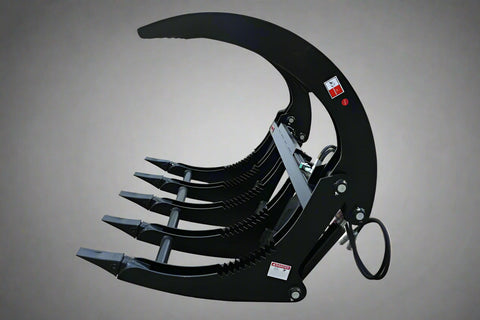 Front view of 72" grapple rake
84" skid steer root grapple in action
Dual hydraulic cylinders close-up
Grapple rake with wide jaw opening
Teeth and frame detail