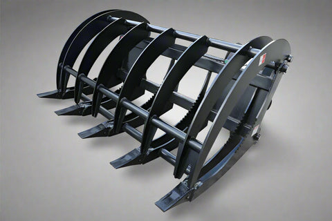 Front view of 72" grapple rake
84" skid steer root grapple in action
Dual hydraulic cylinders close-up
Grapple rake with wide jaw opening
Teeth and frame detail