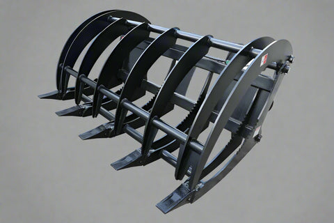Front view of 72" grapple rake
84" skid steer root grapple in action
Dual hydraulic cylinders close-up
Grapple rake with wide jaw opening
Teeth and frame detail