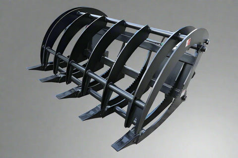 Front view of 72" grapple rake
84" skid steer root grapple in action
Dual hydraulic cylinders close-up
Grapple rake with wide jaw opening
Teeth and frame detail