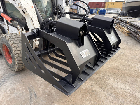 72" hydraulic grapple bucket on skid steer
Skid steer rock grapple front view
Close-up of grapple teeth and hoses
Dual-cylinder grapple open position
Grapple attachment lifting heavy debris