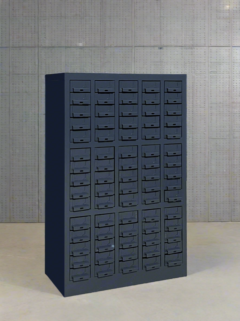 Front view of 75-drawer steel storage cabinet model S515DA
Industrial parts bin cabinet for bolts and screws
Wall-mountable 75-drawer metal tool storage cabinet
Heavy-duty steel cabinet with clear label drawers