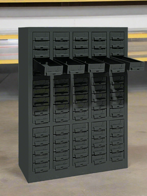 Front view of 75-drawer steel storage cabinet model S515DA
Industrial parts bin cabinet for bolts and screws
Wall-mountable 75-drawer metal tool storage cabinet
Heavy-duty steel cabinet with clear label drawers