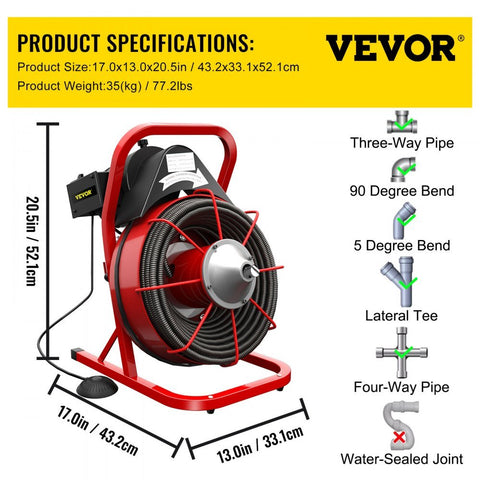 Electric 75 Ft Drain Cleaner Machine – Red
Plumbing Snake for Pipes and Drains – Professional Grade
Drain Cleaning Machine with Foot Pedal
Heavy-Duty Pipe Snake Equipment on Wheels
Close-Up of Steel Cable and Foot Pedal