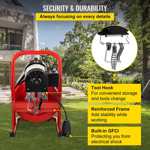 Electric 75 Ft Drain Cleaner Machine – Red
Plumbing Snake for Pipes and Drains – Professional Grade
Drain Cleaning Machine with Foot Pedal
Heavy-Duty Pipe Snake Equipment on Wheels
Close-Up of Steel Cable and Foot Pedal
